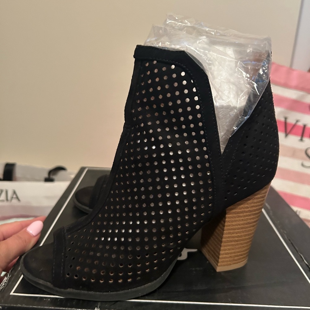 Qupid Black Perforated Ankle Booties with Tan Heel